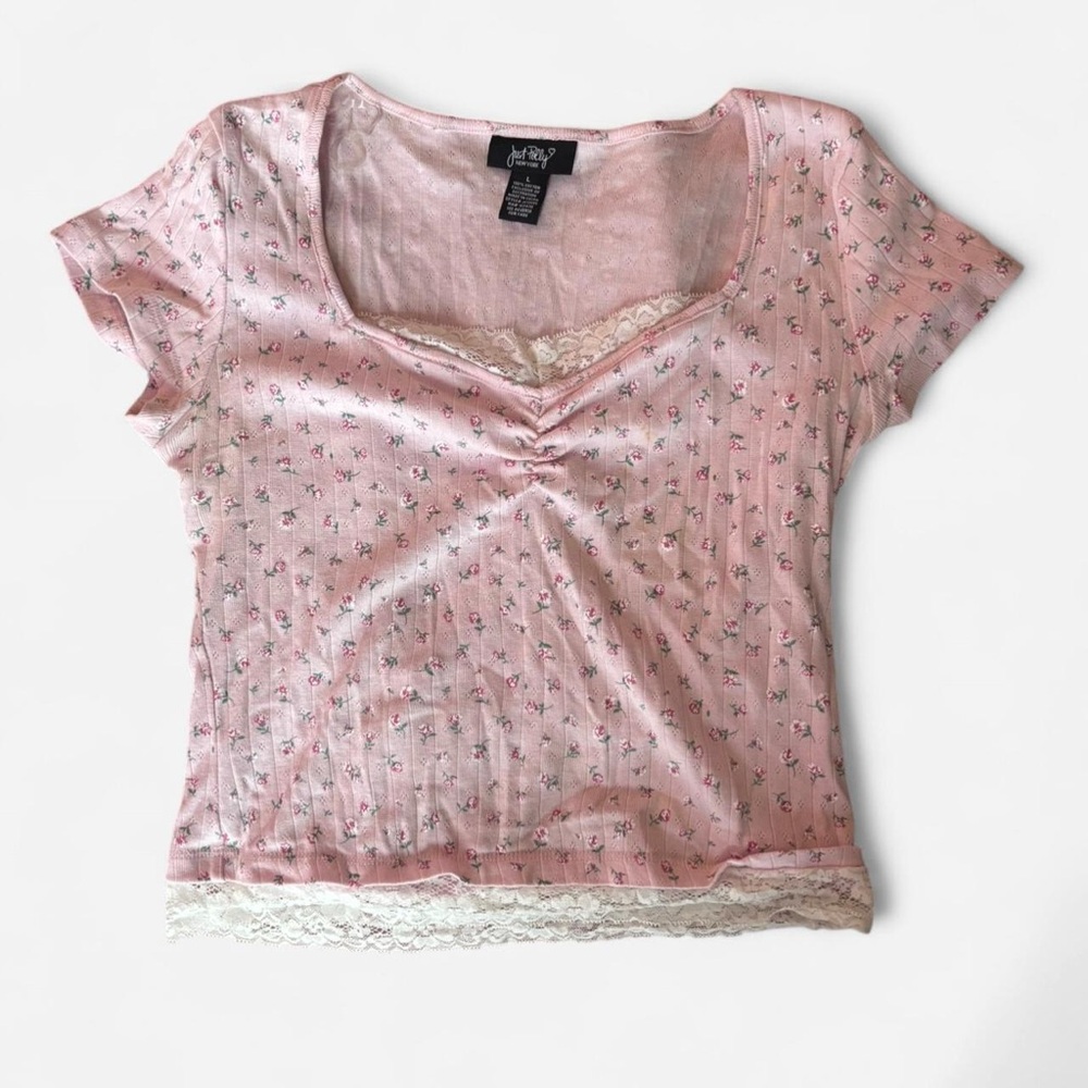 Coquette Pink Floral Lace Trim Short Sleeve Top